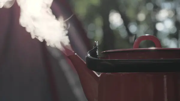 Kamp alanındaki ocağın üstünde kaynayan kahve demliğinden çıkan duman. Bulanık arkaplan 