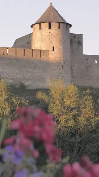 Narva.Estonya-11 Ağustos 2020: Ivangorod Rusya sınırındaki şato Narva Estonya 'nın karşı kıyısında. 