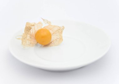 Beyaz plaka, olgun fizsalis, beyaz arka plan. Yüksek kalite fotoğraf