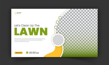 Bahçe bakımı ve tarım hizmeti YouTube küçük resim tasarımı, modern çim biçme makinesi bahçesi, ya da sosyal medya kapağı, post, web afiş şablonu için soyut yeşil ve sarı renk şekilli peyzaj hizmeti