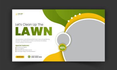 Bahçe bakımı ve tarım hizmeti YouTube küçük resim tasarımı, modern çim biçme makinesi bahçesi, ya da sosyal medya kapağı, post, web afiş şablonu için soyut yeşil ve sarı renk şekilli peyzaj hizmeti
