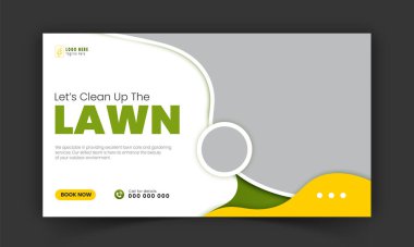 Bahçe bakımı ve tarım hizmeti YouTube küçük resim tasarımı, modern çim biçme makinesi bahçesi, ya da sosyal medya kapağı, post, web afiş şablonu için soyut yeşil ve sarı renk şekilli peyzaj hizmeti