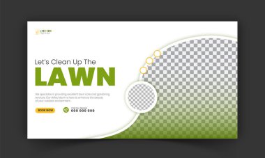 Bahçe bakımı ve tarım hizmeti YouTube küçük resim tasarımı, modern çim biçme makinesi bahçesi, ya da sosyal medya kapağı, post, web afiş şablonu için soyut yeşil ve sarı renk şekilli peyzaj hizmeti