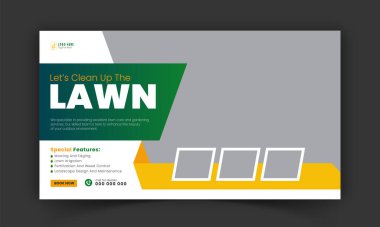 Bahçe bakımı ve tarım hizmeti YouTube küçük resim tasarımı, modern çim biçme makinesi bahçesi, ya da sosyal medya kapağı, post, web afiş şablonu için soyut yeşil ve sarı renk şekilli peyzaj hizmeti