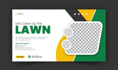 Bahçe bakımı ve tarım hizmeti YouTube küçük resim tasarımı, modern çim biçme makinesi bahçesi, ya da sosyal medya kapağı, post, web afiş şablonu için soyut yeşil ve sarı renk şekilli peyzaj hizmeti