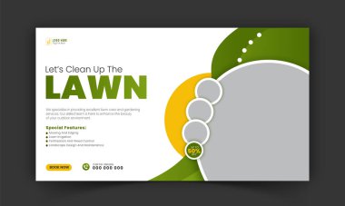Bahçe bakımı ve tarım hizmeti YouTube küçük resim tasarımı, modern çim biçme makinesi bahçesi, ya da sosyal medya kapağı, post, web afiş şablonu için soyut yeşil ve sarı renk şekilli peyzaj hizmeti