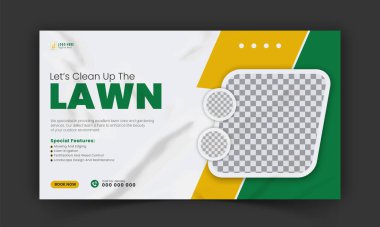 Bahçe bakımı ve tarım hizmeti YouTube küçük resim tasarımı, modern çim biçme makinesi bahçesi, ya da sosyal medya kapağı, post, web afiş şablonu için soyut yeşil ve sarı renk şekilli peyzaj hizmeti