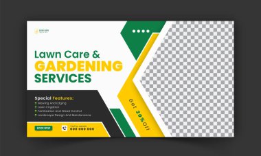 Organik gıda ve tarım hizmetleri Youtube video klip tasarımı, modern çim biçme makinesi bahçesi, ya da çevre düzenlemesi sosyal medya kapağı veya soyut yeşil ve sarı renk şekilli şablonlar