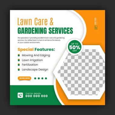 Modern çim biçme makinesi bahçesi ya da peyzaj hizmeti sosyal medya kapsamı tasarımı, soyut yeşil ve sarı kare web pankartı, post şablon broşürü