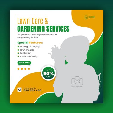 Sosyal medya kapağı veya post tasarım şablonu, organik gıda ve tarım web pankartı için soyut yeşil gradyan ve sarı renk şekilli modern bahçe veya peyzaj hizmeti