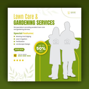 Sosyal medya kapağı veya post tasarım şablonu, organik gıda ve tarım web pankartı için soyut yeşil gradyan ve sarı renk şekilli modern bahçe veya peyzaj hizmeti