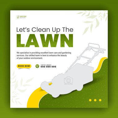 Sosyal medya örtüsü veya tasarım şablonu için modern bahçe bakımı veya peyzaj hizmeti; soyut yeşil gradyan ve sarı renk şekilli organik gıda ve tarım web afişi