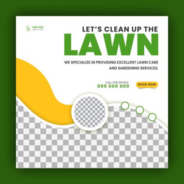 Sosyal medya için modern bahçe hizmeti tasarım şablonu, tarım ve organik gıda kampanyası web pankartı, beyaz arka planda soyut yeşil, sarı renk