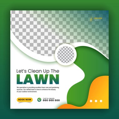 Sosyal medya için modern bahçe hizmeti tasarım şablonu, tarım ve organik gıda kampanyası web pankartı, beyaz arka planda soyut yeşil, sarı renk