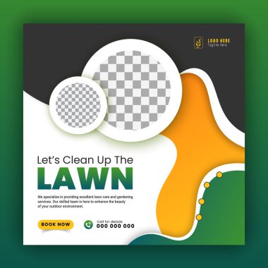 Sosyal medya için modern bahçe hizmeti tasarım şablonu, tarım ve organik gıda kampanyası web pankartı, beyaz arka planda soyut yeşil, sarı renk