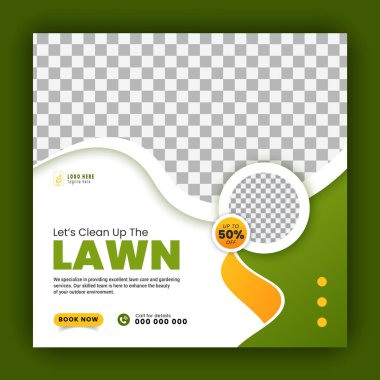Sosyal medya için modern bahçe hizmeti tasarım şablonu, tarım ve organik gıda kampanyası web pankartı, beyaz arka planda soyut yeşil, sarı renk