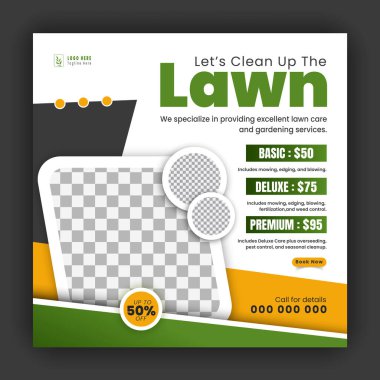 Sosyal medya için modern bahçe hizmeti tasarım şablonu, tarım ve organik gıda kampanyası web pankartı, beyaz arka planda soyut yeşil, sarı renk
