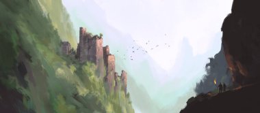 Vadideki terk edilmiş şato, 3 boyutlu resim..