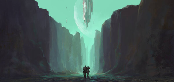 Alien object hangs over the canyon, 3D illustration.