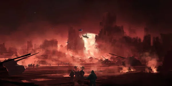 Savaş Sonrası Alevler Içinde Bir Sahne Boyutlu Illüstrasyon — Stok fotoğraf