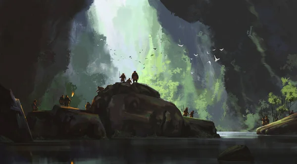Grupo Elfos Vivían Entre Los Restos Humanos Dentro Cueva Ilustración — Foto de Stock