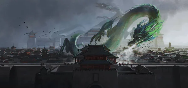 Grüner Drache Schwebt Über Der Alten Chinesischen Stadt Illustration — Stockfoto