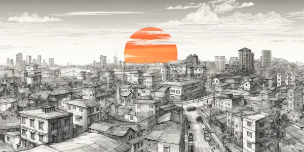 Sun rising over city skyline, 3D illustration.