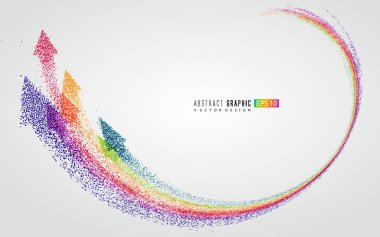 Countless colorful particles form a rainbow-shaped arrow, symbolizing rise and development, vector graphics. clipart