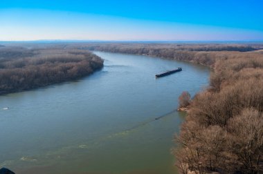 Bratislava 'daki Tuna Nehri' nin oradaki tepeden bak. Nehirde bir kargo gemisi var. Sonbahar. Güneşli hava.