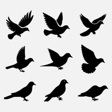 set of silhouettes of pigeons. dove birds clipart