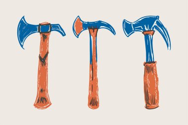 Üç el çizilmiş el aletleri çekiç resimlerini mavi bıçak ve turuncu sapla çiziyor.
