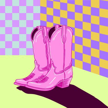 Pembe Kovboy Çizmeleri Kalın Pop Sanat Tarzı Çizmeleri