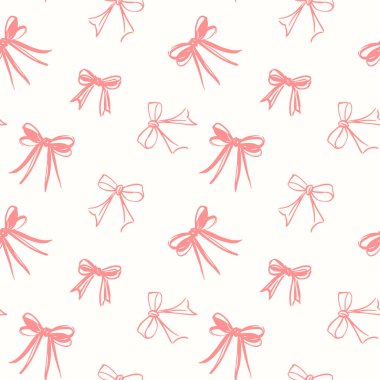 Pembe Coquette Pruva Kurdelesi Kusursuz Arkaplan Vintage Fiyonk ve El Çizimi Kurdele Tasarımı. Benzersiz vektör baskısı klasik yay ve çizim tarzı kurdele elementlerini birleştirir.