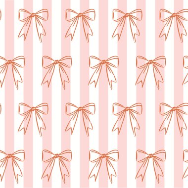 Çizgili Arkaplanda Pembe Coquette Pruva Kurdelesi Kusursuz Desen. Yumuşak, klasik çizgilerle eşleştirilmiş narin kurdeleler. Kadınsı ve eğlenceli estetik..