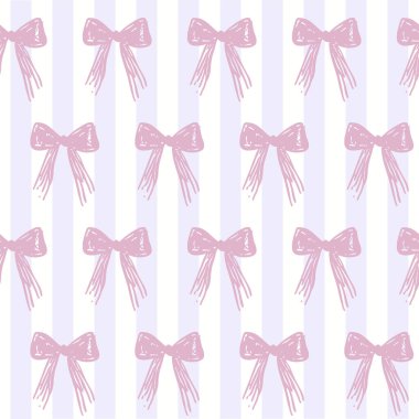 Çizgili Arkaplanda Mor Coquette Bow Ribbon Kusursuz Deseni. Yumuşak, klasik çizgilerle eşleştirilmiş narin kurdeleler. Kadınsı ve eğlenceli estetik..