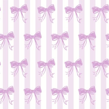 Çizgili Arkaplanda Mor Coquette Bow Ribbon Kusursuz Deseni. Yumuşak, klasik çizgilerle eşleştirilmiş narin kurdeleler. Kadınsı ve eğlenceli estetik..