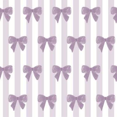 Çizgili Arkaplanda Mor Coquette Bow Ribbon Kusursuz Deseni. Yumuşak, klasik çizgilerle eşleştirilmiş narin kurdeleler. Kadınsı ve eğlenceli estetik..