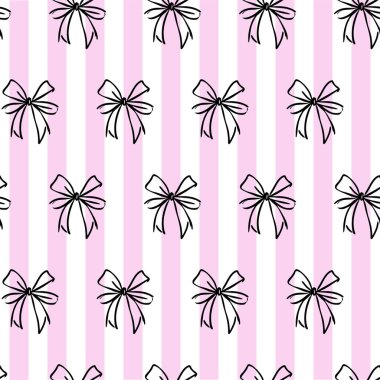 Çizgili Arkaplanda Pembe Coquette Pruva Kurdelesi Kusursuz Desen. Yumuşak, klasik çizgilerle eşleştirilmiş narin kurdeleler. Kadınsı ve eğlenceli estetik..