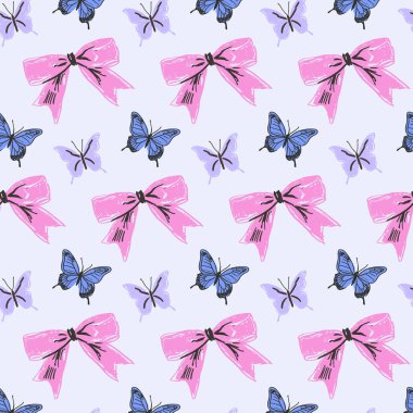 Yay ve kelebeklerle pembe ve mavi renkte tekrarlayan sevimli desen.