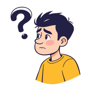 Kafası karışmış bir çocuk ve soru işareti çizimi