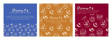 Kare şeklinde desenli çörekler. El çizimi karalama çörekleri stilize bir şekilde. Afişler mavi, sarı ve kırmızı arka planda.