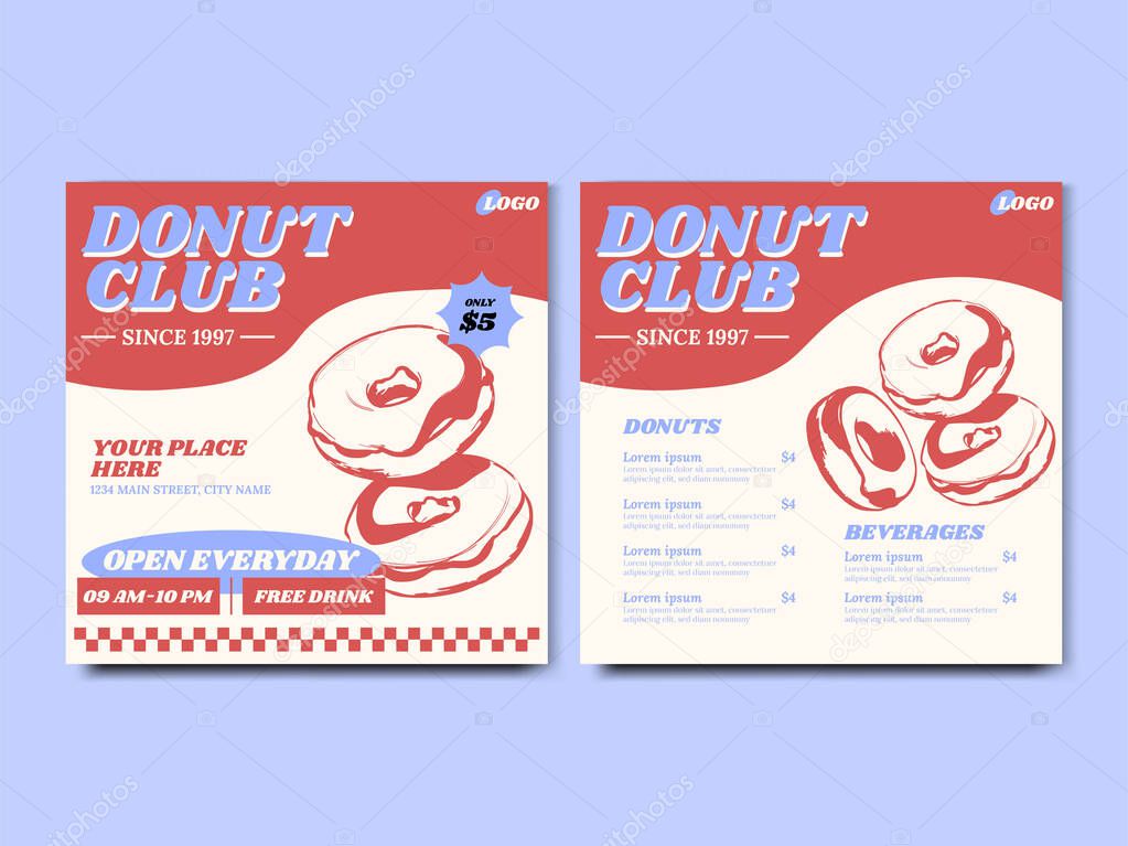 Donut Shop Flyer and Menu Price List Square Banner Social Media