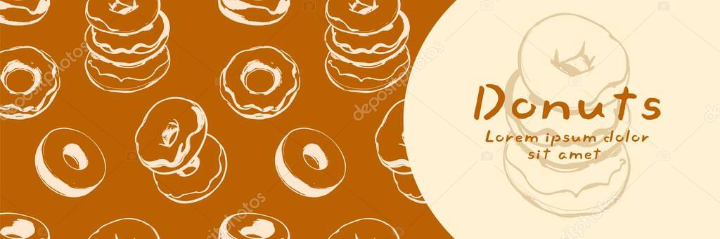 Donuts banners with pattern. Hand drawn sketch doodle donuts in stylized way. The banner is in brown background