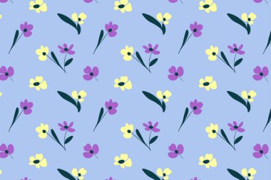 Sarı ve Mor Çiçeklerle Mavili Kusursuz Çiçek Deseni