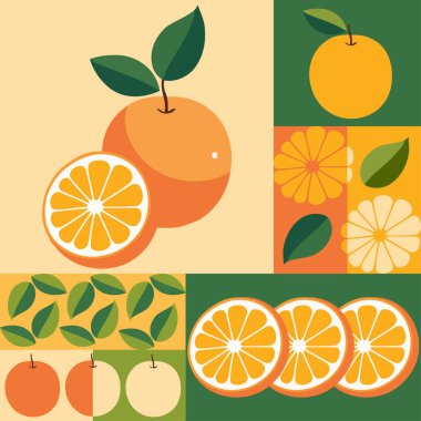 Tertemiz bir konsept tasarımı ve geometrik tarzda turuncu meyveler içeren kusursuz desenler.