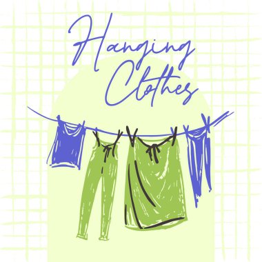 Elbiseleri Çamaşır ipine Asmak El Çizimi İllüstrasyonu