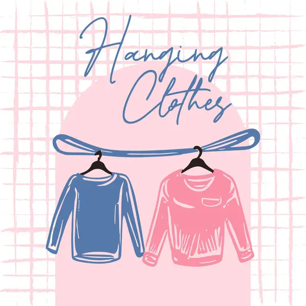 Elbiseleri Çamaşır ipine Asmak El Çizimi İllüstrasyonu