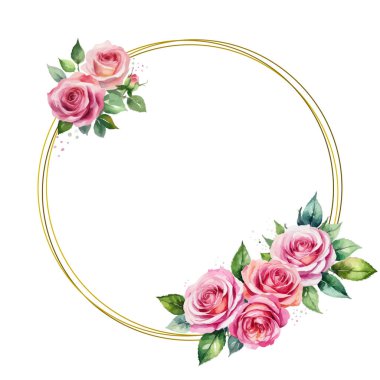 Pembe Güller Suluboya Resimli Zarif Altın Çerçeve