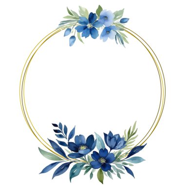 Mavi Çiçekler ve Altın Çemberli Zarif Suluboya Çerçevesi