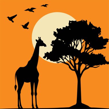 Afrika 'da Günbatımında Zürafa ve Ağaç Silueti